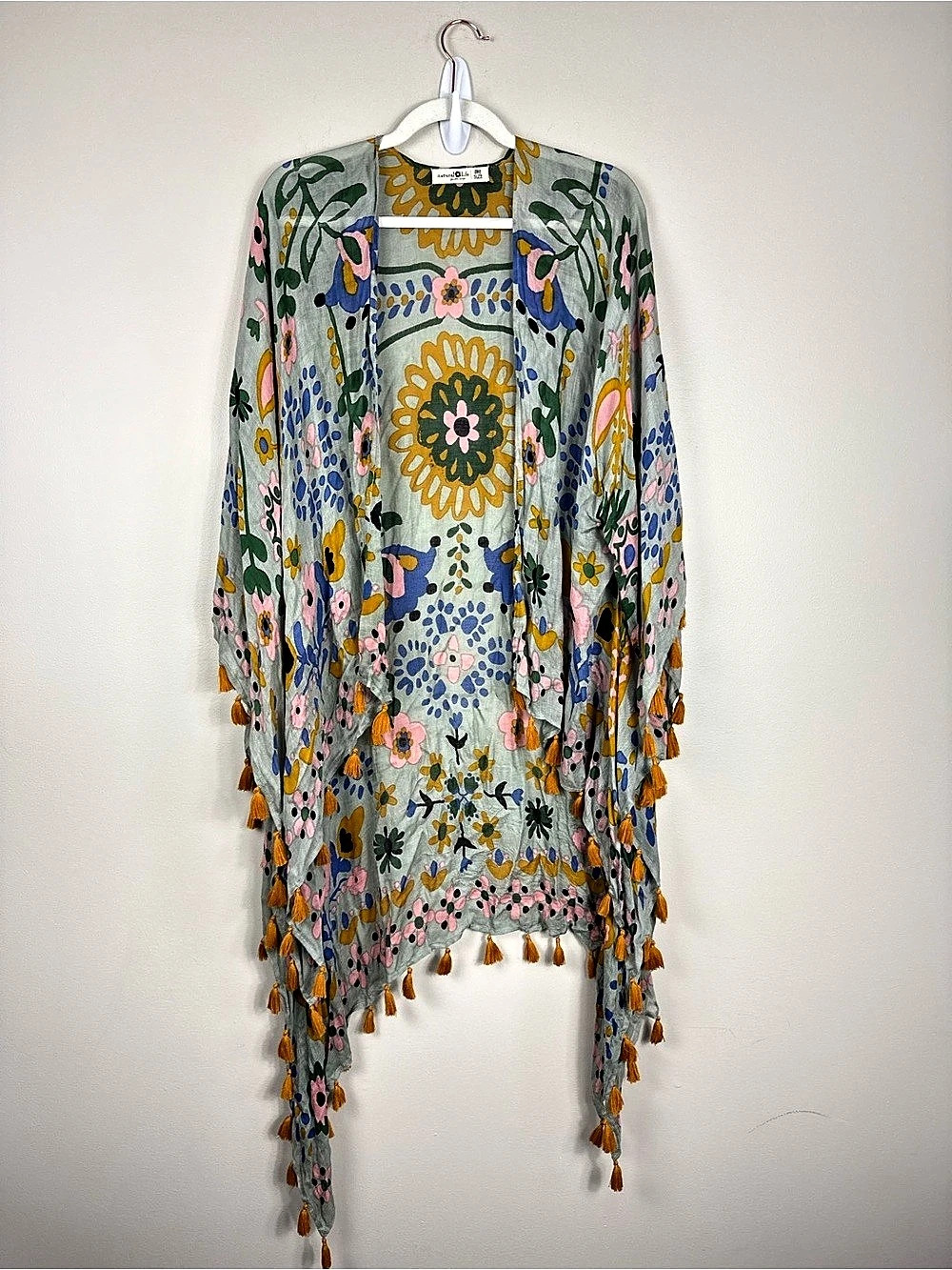 Natural Life Soleil Tassel Kimono Floral Blue Green Mandala Boho Hippie 70s 60s
